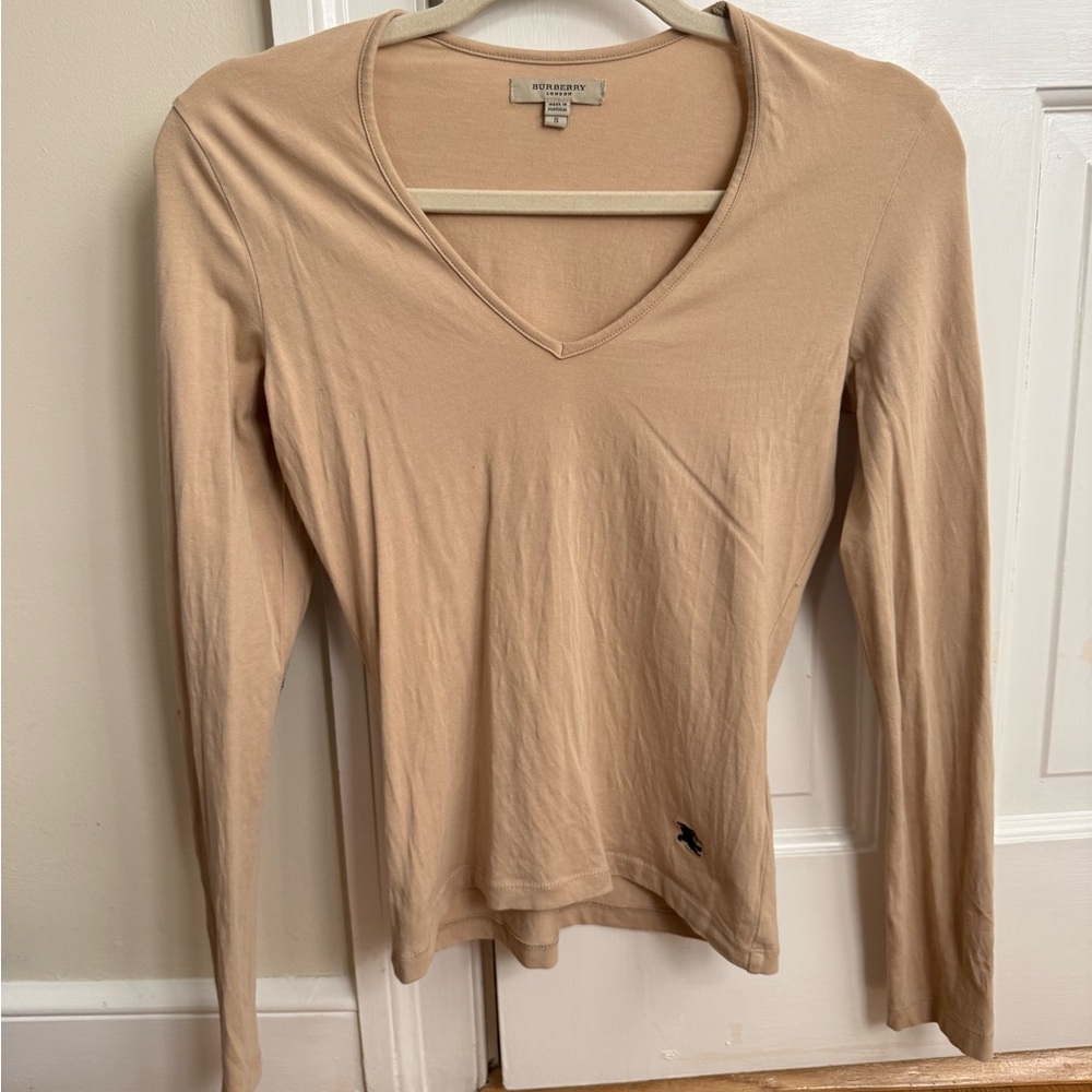Burberry Tan Long Sleeve V-Neck Top
